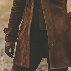 Dark Brown Suede <b>Leather</b> Trench Coat Handmade <b>Long</b> Vintage <b>Jacket</b> with Pockets - Product Image 2