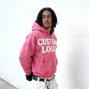 Nouveauté 2026 – Sweat à capuche polaire vintage rose vif tendance pour homme, écologique, avec logo personnalisé et sérigraphie en strass, coupe classique - Product Image 3