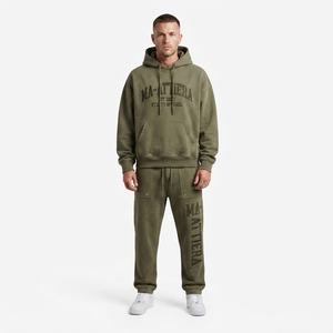 Custom <b>Oversized</b> Olive Green Hoodie and Cargo <b>Jogger</b> Sweatpants Set Heavyweight Cotton Streetwear OEM Wholesale - Product Image 1