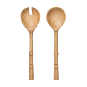 Juego de Servidores de Ensalada de Madera de Mango Hechos a Mano, Ecológicos, Redondos, con Mango Largo, Utensilios de Madera con Envoltura de Bambú Tejido, Aptos para Alimentos - Product Image 6