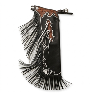 Pantalones de montar de cuero estilo western para hombre con flecos largos, diseño floral repujado y costuras decorativas, ideales para equitación. - Product Image 1