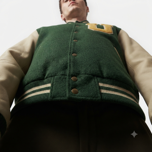 <b>Men's</b> Green Varsity <b>Jacket</b> With Cream Leather Sleeves Embroidered <b>Letter</b> Logo Turn-down Collar Autumn Preppy Style - Product Image 4