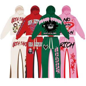 Conjunto Deportivo de 2 Piezas para Hombre, 100% Algodón, Felpa, Diseño de Parches, Pantalones Acampanados, Top Corto, Lavado Ácido, Antibacterial, 360g - Product Image 6