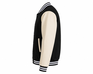 Veste de baseball Varsity pour homme, noire, style bomber, manches contrastées, col et poignets côtelés, boutons pression, logo personnalisé, streetwear - Product Image 3