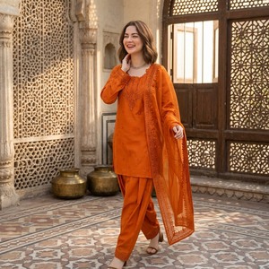 Ensemble Salwar traditionnel orange pour femme, longueur cheville, avec dupatta brodé, coupe classique, style Inde-Pakistan, en coton, pour tenue décontractée - Product Image 6