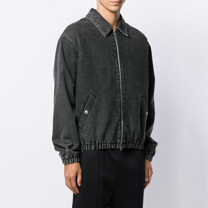Veste en jean pour homme personnalisée, style urbain, col montant uni, noire délavée, manches longues, avec poches boutonnées et devant en toile - Product Image 1