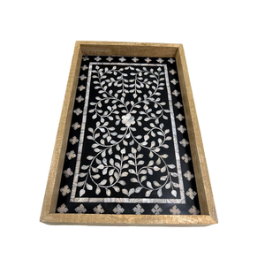 Bandeja de servir de madera con nácar, diseño floral en blanco y negro, la más vendida, bandeja decorativa, proveedor mayorista - Product Image 1