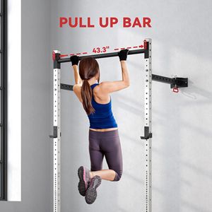 Rack de Potencia Blanco Ajustable Montado en Pared con Barra de Dominadas, Capacidad de 450 kg, Banco Plegable para Sentadillas - Product Image 5