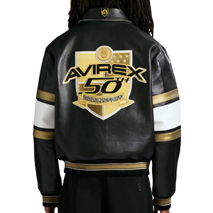 เสื้อแจ็คเก็ตหนัง PU สีดำสำหรับผู้ชายยี่ห้อ Avirex พร้อมแถบสีทองขาวและโลโก้ด้านหน้าแบบพิมพ์ลาย 50 ลายด้วยเทคนิค Heat Transfer ทรงปกติสำหรับฤดูใบไม้ร่วง - Product Image 5