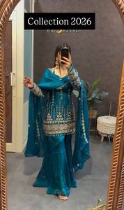 TENNECY Nuevo Diseño Conjunto de Top, Pantalón Palazzo y Dupatta de Satén de Seda Elástico, Reversible, de Secado Rápido y Antiarrugas, Listo para Bodas y Diwali - Product Image 2