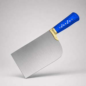 Couteau à viande robuste PK-DR, lame large argentée, manche en bois bleu, poignée rivetée avec embout doré, couteau de boucher pour hacher la viande - Product Image 1