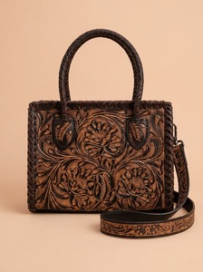 Brown Bohemian Floral Embossed Genuine Leather Two-Handle Waterproof Shoulder <b>Bag</b> Hand <b>Tool</b> <b>Tote</b> Purse Zipper Closure Portable - Product Image 4