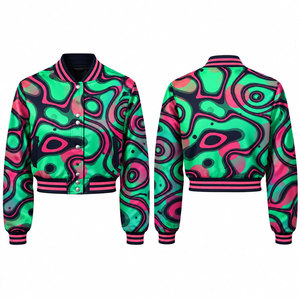 Green Pink Geometric Print Varsity <b>Jacket</b> Women's <b>Short</b> Crop Bomber Coat Full <b>Sleeve</b> Turn-down Collar Polyester Autumn Style - Product Image 1