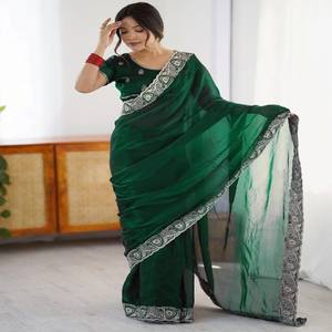 VASTRA COTTAGE Sari de Fiesta Rangoli con Blusa Rangoli Bordada, Color Verde, Atuendo Tradicional Étnico para Mujer - Product Image 4