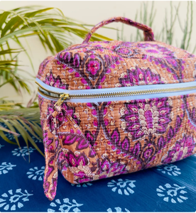 Handmade Quilted <b>Vanity</b> bag 100% Cotton Quilted Block Printed Wash Bag Vintage Boho Floral <b>Makeup</b> Bag For Women India Zippered - Product Image 2