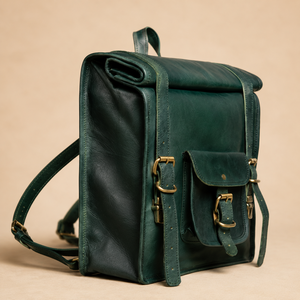 Vintage Green Leather <b>Backpack</b> <b>Roll</b> <b>Top</b> Satchel Bag Brass Buckle Laptop Travel Rucksack for Men Women Stylish Use - Product Image 3
