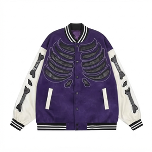Blouson Bomber Unisexe Homme avec Applique Squelette, Manches en Cuir, Style Streetwear Hip Hop Vintage Oversize - Product Image 1