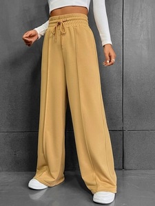 Pantalones de Cintura Alta y Pierna Ancha para Mujer, Talla Grande, Color Sólido, con Cordón, Corte Holgado, Largos, Casuales, 100% Algodón - Product Image 3