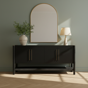 Buffet en bois tressé naturel à 4 portes avec étagère en rotin, meuble de rangement moderne en bois et tissu tressé, pieds ronds - Product Image 2