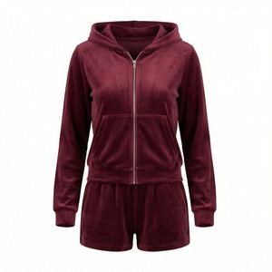 Conjunto de Sudadera con Capucha y Cremallera de Terciopelo para Mujer, Color Sólido, Corte Holgado, por Encima de la Rodilla, 2 Piezas, Ropa Casual de Otoño - Product Image 1