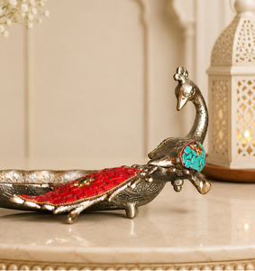 Bol décoratif artisanal en argent plaqué, en forme de paon, avec incrustation de pierres, plateau de service en métal, décoration de table, centre de table pour la maison - Product Image 3