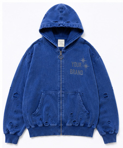 Sweat à capuche personnalisé avec logo en strass, surdimensionné, épais, zippé, effet vieilli, lavage vintage, streetwear, OEM, en molleton de coton - Product Image 1