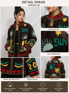 Black Embroidered Vacation <b>Jacket</b> With Sun Palm Tree And Cocktail Motif <b>Mandarin</b> <b>Collar</b> Full Sleeve Zipper Closure Summer Style - Product Image 4