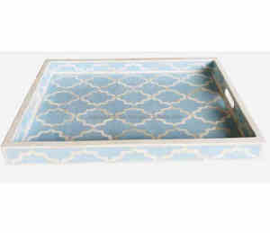 Plateau de service en treillis marocain avec incrustation d'os bleu | Plateau décoratif artisanal en plusieurs tailles et couleurs pour la maison et les cadeaux - Product Image 4