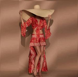 ชุดเซ็ตทูพีซ เสื้อครอปคอวีผูกเชือก พร้อมกระโปรงแม็กซี่ระบายชายสูงต่ำ สำหรับผู้หญิง ชุดฤดูร้อน ชุดไปเที่ยวทะเล - คละสี - Product Image 1