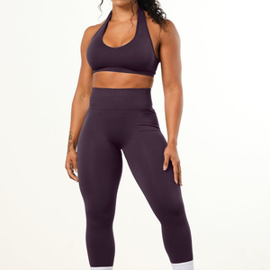 Leggings de yoga sans couture taille haute pour femmes, couleur unie, longueur intégrale, ensemble de vêtements de sport, soutien-gorge de sport, ensemble de vêtements de sport violets - Product Image 1