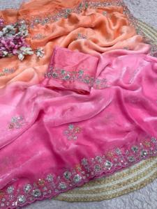 Sari de satén Fandy con diseño de cuentas y lentejuelas, ideal para fiestas, con blusa de satén Fandy con trabajo de cuentas. - Product Image 1