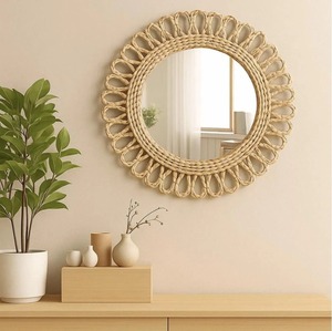 Premium Rattan <b>Mirror</b> Elegant Natural Frame Perfect For Daily Use Cafe And Boutique Decor Natural And Aesthetic Vibe From India - Product Image 2