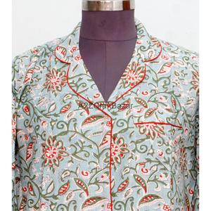 Colorful Floral Block Printed Cotton Midi Boho Straight <b>Bell</b> Sleeve Eco-Friendly Night Sleep Wear Long Shirt Tunic for Women - Product Image 3