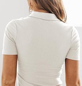 Polo T-shirt côtelé pour femme, coupe slim sexy, qualité supérieure, manches courtes, séchage rapide, idéal pour le sport. - Product Image 2