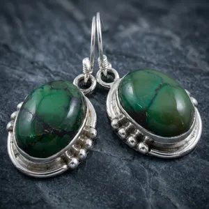 Pendientes colgantes ovalados de turquesa tibetana de plata de ley, joyería de moda hecha a mano - Product Image 3
