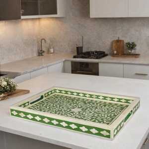 Handmade Bone Inlay Floral Tray: Boho Coffee <b>Table</b> Decor - Product Image 2