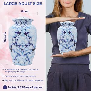 Urne funéraire en céramique blanche avec motif marbré bleu et motif oiseau, souvenir commémoratif pour adulte, pour cendres sacrées des défunts - Product Image 6