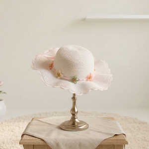 <b>Girls</b> Straw <b>Hat</b>, Summer <b>Sun</b> <b>Hat</b> with Scalloped Rim, Ribbon Beach <b>Hat</b> for Kids & Toddlers - Product Image 4