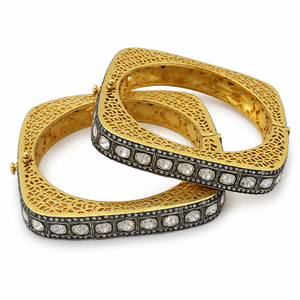 Heritage 925 Sterling Silver Gold Plated Kundan Polki Square <b>Bangle</b> with Antique Black Rhodium Finish - Product Image 1