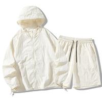 Ensemble de survêtement unisexe coupe-vent à capuche avec cordon de serrage, logo personnalisé, 2 pièces, veste à manches longues et short en nylon, pour l'entraînement