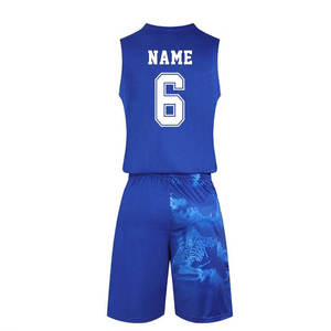 Ensemble de maillots de basket-ball bleus personnalisés sans manches, impression par transfert thermique, séchage rapide, col en V, taille élastique, polyester, unisexe, adulte, tous les modèles - Product Image 1