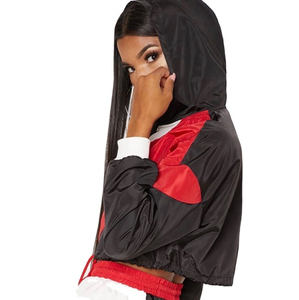 Color Blocked Varsity Jacket With Puff Sleeve And Zipper Closure <b>Red</b> Black White Women's <b>Crop</b> <b>Top</b> Windproof Autumn Wear - Product Image 3