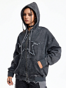 เสื้อสเวตเชิ้ตโอเวอร์ไซส์แบบมีฮู้ด ซิปหน้า ผ้าฟลีซบุขนด้านใน ทรงดิสเทรส ล้างสีแบบแอซิดวอช พร้อมกางเกงเดนิมเข้าชุด สำหรับผู้ชาย เป็นมิตรต่อสิ่งแวดล้อม - Product Image 4