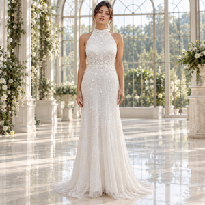 Elegante Vestido de Noche de Novia con Cuello Halter, Bordado Floral de Perlas, Ajustado y con Cola Graciosa |   Ropa de Fiesta Formal de Lujo para Bodas - Product Image 2