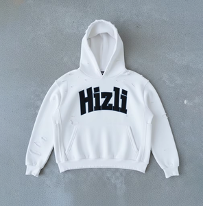 Sweat à capuche déchiré et vieilli 450 GSM avec logo personnalisé pour homme, broderie chenille, coupe oversize, style streetwear vintage, pull épais - Product Image 1
