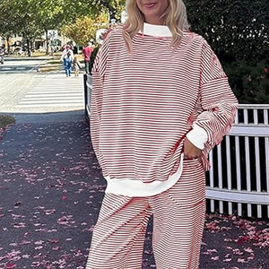 Customized Printed Logo Mid-Weight Casual Women's Tracksuit Shorts Set Striped Mock Neck Sweatshirt Stripes Two Piece Breathable - Product Image 4