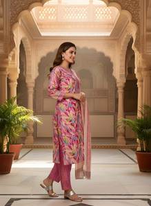 Conjunto de traje de mezcla de algodón rosa premium, kurta recta con cuello en V, pantalón parcialmente elástico con bolsillo, solo venta al por mayor - Product Image 6