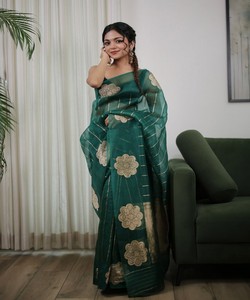 <b>Green</b> <b>Silk</b> Saree With Gold Floral Traditional Indian Wedding Wear For Women Floor Length Ethnic Outfit 85468 AAYNA- 35029 - Product Image 1
