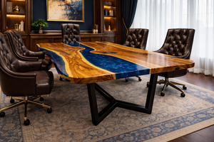 Mesa de Oficina de Lujo con Resina Epoxi Azul, Escritorio Ejecutivo de Madera Maciza Hecho a Mano, Mesa de Comedor Moderna de Madera de Acacia - Product Image 4