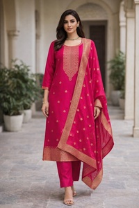 Ensemble Kurti rose pour femme très demandé, manches 3/4, en mélange de soie / soie scintillante, entièrement cousu, pour occasions régulières et festives - Product Image 2